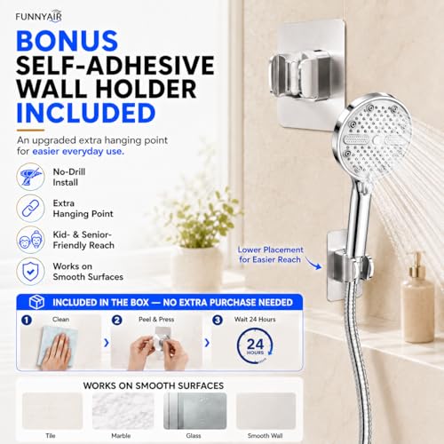 High Pressure Shower Head, Stick-on Low Mount Wall Bracket, Chrome | 5 Spray Modes, Water-Saving, 360° Adjustable Bracket, For Low Water Pressure Home, RV, Bathroom, Fix Firmly Kid-Friendly - color: Chrome
