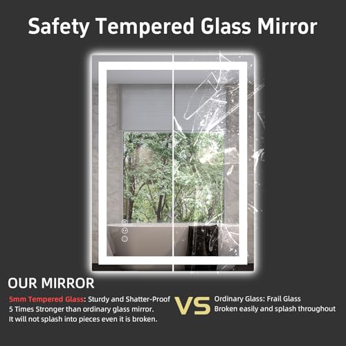 20"x 28" LED Bathroom Mirror with Front and Backlight, Stepless Dimmable Bathroom Mirrors with Anti-Fog, Lighted Bathroom Vanity Mirror for Wall, Shatter-Proof Led Mirror for Bathroom | Front & Backlit, Memory Function, HD Tempered Glass Vanity Mirror, An