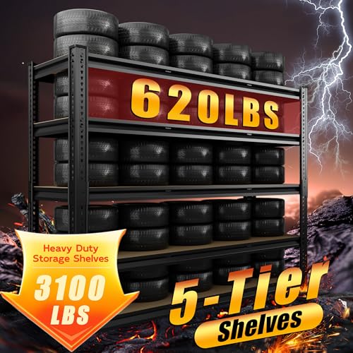 5-Tier Heavy Duty Metal Storage Shelves, 3100 lbs Total Capacity, 48" W x 24" D x 72" H Adjustable Utility Shelving Unit for Garage, Basement, Warehouse & Commercial Kitchen - size: 48Wx24Dx72H