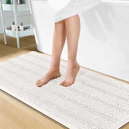 OLANLY Thick Bathroom Runner Rugs 47x24, Soft Chenille Bath Rugs, Ivory | Absorbent Striped, Rubber Backing, Machine Wash, Long Bath Mats for Bathroom Floor, Tub and Shower, Home Decor Accessories - color: Ivory, size: 47" X 24"