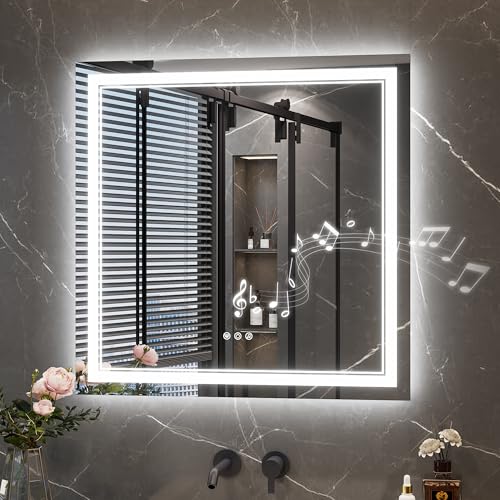 Keonjinn 30 x 30 Inch Lighted Mirrors for Bathroom Wall, Bluetooth Speaker | Frontlit & Backlit LED Mirror for Bathroom, HD Tempered Glass, 3000K/4500K/6000K, Dimmable, Fast & Safe Defogging, CRI90+ - size: 30"L x 30"W