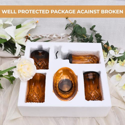 Amber Bathroom Accessories, Round Thick Glass & Zinc Alloy Pump | Beautiful & weight, 5 pcs soap dispenser, toothbrush holder, soap dish, tumbler & jar, for mission/amish style - style: Round(Amber)