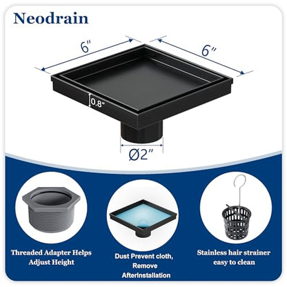 Neodrain 6 in Black Square Shower Drain with Removable Tile Insert Grate | 304 Stainless Steel Tile Square Drain, Hidden Drain,Easy to Clean, Waterproof & Sturdy Shower Drain, CUPC Certified - color: Matte Black, size: 6 IN