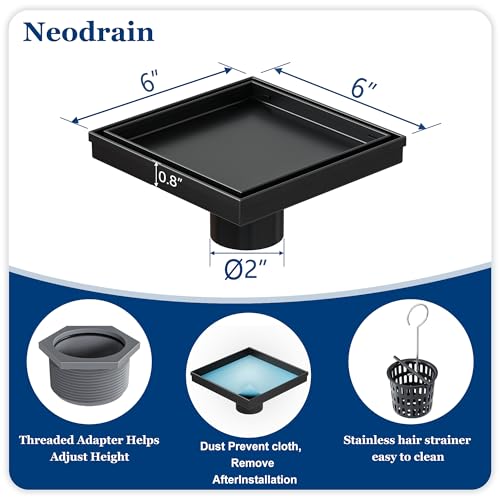 Neodrain 6 in Black Square Shower Drain with Removable Tile Insert Grate | 304 Stainless Steel Tile Square Drain, Hidden Drain,Easy to Clean, Waterproof & Sturdy Shower Drain, CUPC Certified - color: Matte Black, size: 6 IN