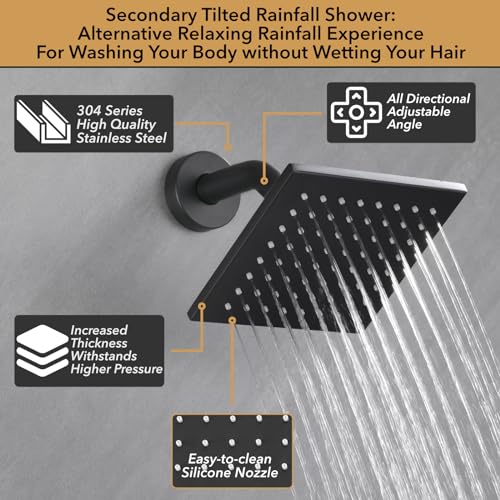 VANFOXLE Shower System Matte Black Shower Faucet Set, Push Button Diverter | 10 inch ceiling mount rain head Increased Thick, 6 inch side head, 2-in-1 handheld sprayer, solid brass valve, rust resistant - color: Matte Black, style: 10"+6" Head