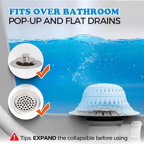 Bathtub Drain Strainer Silicone Bathroom Stopper Fixture Accessories | 5 pcs set: 2 pack silicone collapsible drain protector and cover with 3 snake drain clog removers for tub & shower - color: Gray Red