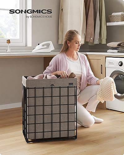 SONGMICS Laundry Hamper, 23.8 Gal. (90L) Laundry Basket, Collapsible Clothes Hamper, Removable and Washable Liner, Metal Wire Frame, for Bedroom Bathroom, Black and Camel Brown ULCB190N01 - color: Black + Camel Brown, size: 90 L