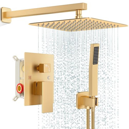 FPXRNG Shower Faucet Set Rainfall Shower System with Square Shower Head and Handle Set Rough-in Valve and Metal Trim Kit Included Paint Gold 10 Inch Wall Mounted Shower Fixtures - color: Paint Gold, size: 10 Inch Wall Mount Shower Head