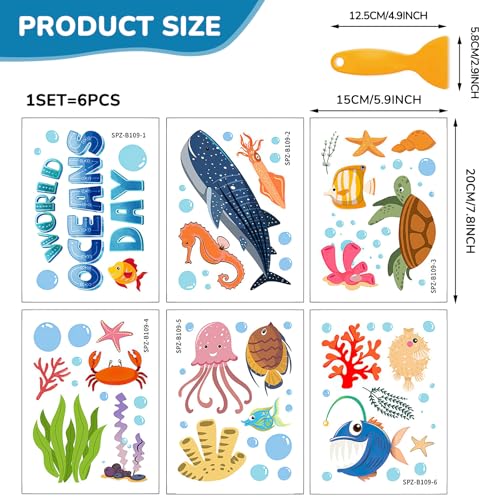 Pratique Non Slip Bathtub Stickers, 6 Pages World Ocean Day | Sea Organism Adhesive, Kids Anti Slip Decal Threads, Shower Floor and Bath Tub Decals, Premium Scraper - color: Ocean Day