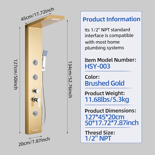 6 in1 Multi-Function Shower Panel Tower System-Brushed Gold | 304 stainless steel Shower Panel Column Tower with Powerful Body Massage, Rainfall, Waterfall,Handheld and Tub Spout - color: Brushed Gold, style: HSY-003