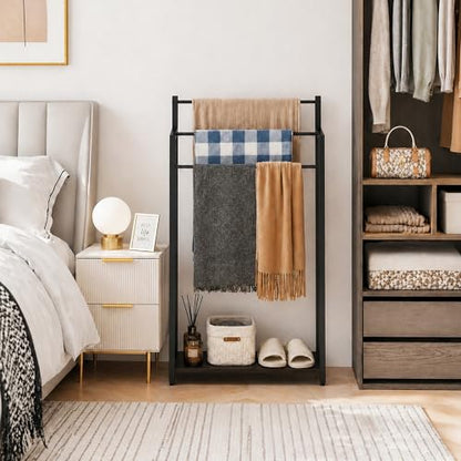 16.9" W Freestanding Towel Rack with Black Wood Shelf | 3 Tier Blanket Ladder Stand for Bathroom Living Room, Metal Frame,31.5"H x 16.9"W x7.9"D - color: Black, size: 31.5"H x 16.9"W x7.9"D