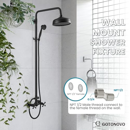 gotonovo Exposed Shower System Wall Mount,Matte Black,Metal Handheld | 8” Rain Shower Head Faucet Set Fixtures,2 Function,Two Cross Handle,Height Adjustable,for 5-6.7" Hole,Indoor Victorian Retro - color: Black
