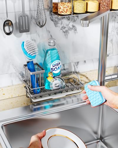 Consumest Sponge Holder for Kitchen Sink, Sink Caddy Organizer with Removable Drip Tray, Countertop Dish Soap Holder and Brush Holder, 304 Stainless Steel - Sand Nickel - color: Sand Nickel