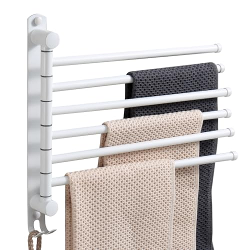 Swivel Towel Rack, 14" Thicken 304 Stainless Steel 6-Arm Adjustable Towel Bar,Wall Mounted Towel Holder with Hook, Space Saving for Kitchen, Bathroom, Outdoor (White, 6 Arms) - color: White, size: 6-arms