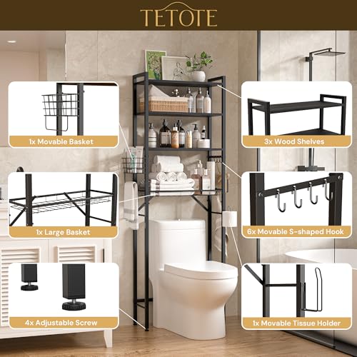Over-The-Toilet Storage Rack, 4-Tier Bathroom Organizer Shelf Over Toilet with Adjustable Shelf and Basket, Freestanding Space Saver Bathroom Shelves Above Toilet for Room(Black) - color: Black