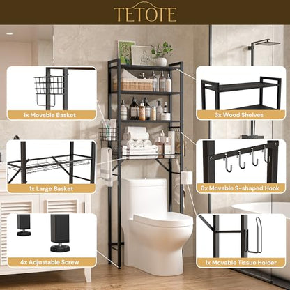 Over-The-Toilet Storage Rack, 4-Tier Bathroom Organizer Shelf Over Toilet with Adjustable Shelf and Basket, Freestanding Space Saver Bathroom Shelves Above Toilet for Room(Black) - color: Black