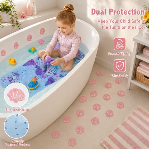 Cinrobiye Bath Mat for Tub Non Slip, 40 x 16 Inch Mermaid Cartoon Bathtub Shower Mat with Suction Cups and Drain Holes, Waterproof Machine Washable Bathroom Mat - color: Pink