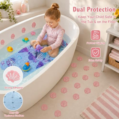 Cinrobiye Bath Mat for Tub Non Slip, 40 x 16 Inch Mermaid Cartoon Bathtub Shower Mat with Suction Cups and Drain Holes, Waterproof Machine Washable Bathroom Mat - color: Pink