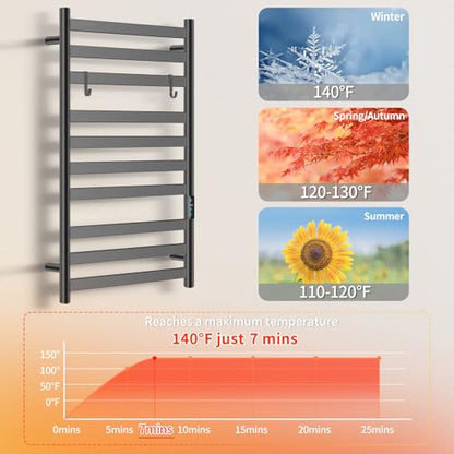 Heated Towel Rack for Bathroom, Hot Towel Warmer Rack Large 10 Bar Electric Hot Towel Warmer, Stainless Steel Wall Mounted Rack with LED Built-in Timer, Plug-in, Fast Heating, Black - color: Black