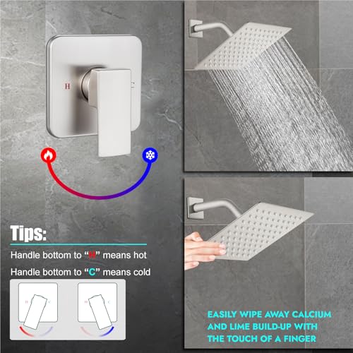 Heyalan 8 Inch Square Rain Shower Faucet Set with Valve, Brushed Nickel | Female-thread 1/2-inch NPT connections, SUS304 shower head, brass rough-in valve, single-handle control Shower Set - color: Nickel, size: 8 Inch Square Shower Head
