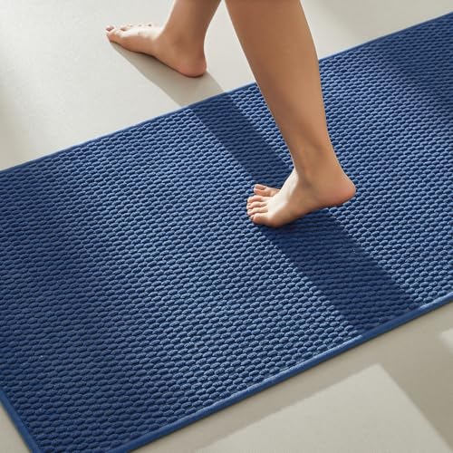 TYUU Bathroom Rugs Non Slip Washable, Super Absorbent Thin Bath Mat Quick Dry Low Pile Bathroom Rug, Navy Blue 20"x48" - color: Navy Blue, size: 1'8" X 4' (Rectangular)
