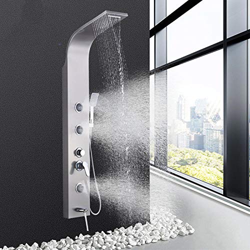 Brushed Nickel Bath Shower Panel Rainfall Waterfall Tower Shower Column with Body SPA Massage Jets Spray Nozzle Tub Faucet Spout