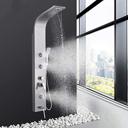 Brushed Nickel Bath Shower Panel Rainfall Waterfall Tower Shower Column with Body SPA Massage Jets Spray Nozzle Tub Faucet Spout