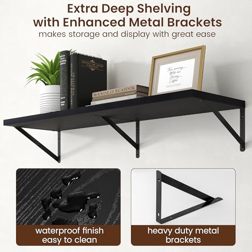 Deep Floating Shelves - 40 Inch Black Floating Shelves Set of 2-12 Inch Deep Wood Wall Shelves for Living Room Bathroom Kitchen - color: Black, size: 40W x 12D