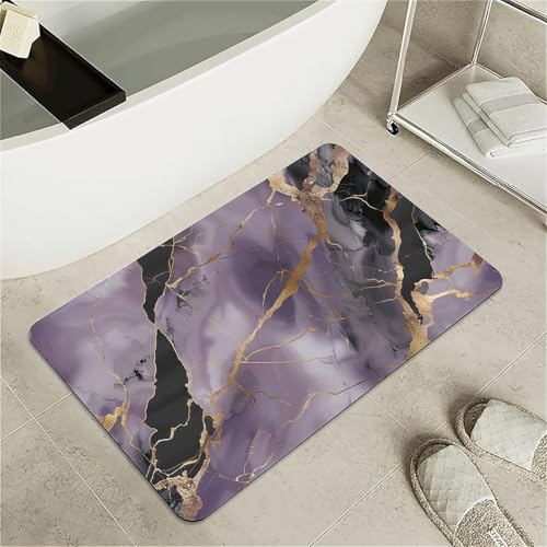 Bath Mat Rug,Purple-Black Marble Non Slip Quick Dry Super Absorbent Thin Bathroom Rugs Fit Under Door-Easy to Clean Bathroom Floor Mats-Shower Rug for Shower Sink Bathtub(16" x 24"in) - color: Purple-black Marble, size: 1'4" x 2'(Rectangular)