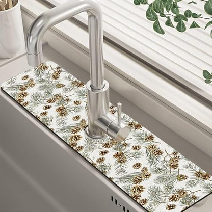 Abstract Pine Cones Sink Faucet Absorbing Mat Splash Guard Behind Faucet Sink Mat Absorbent Fast Drying Faucet Draining Mat for Bathroom Kitchen 5.5"×24" - size: 24" x 5.5"