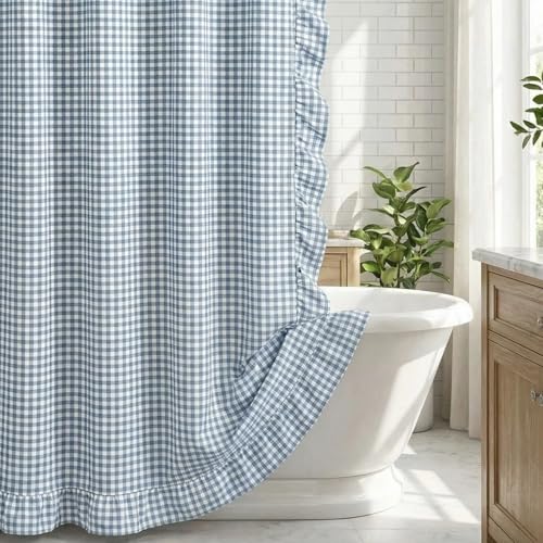 HunnmingRe Ruffled Gingham Shower Curtain Dusty Blue | 72'' x 72'' Vintage Farmhouse Cotton Cottage Core Rural Checkered Plaid Fall Shower Curtain with 12 Hooks for Bathroom Decor - color: Dust Blue, style: Ruffled Gingham
