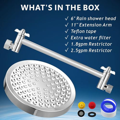 High Pressure Rain Shower Head with 11'' Extension Arm - High Flow Rainfall Showerhead - Luxury Modern Look - Pressure Boosting(Round, Chrome) - color: Chrome, style: 6" Round