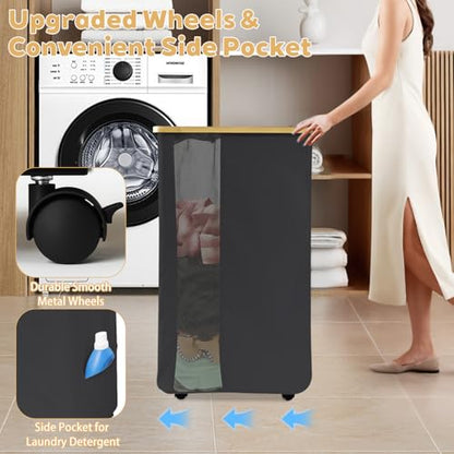 Rolling Laundry Hamper with Lid & Wheels, 110L Slim Double Black Laundry Hamper 2 Section, Narrow Large Laundrys Hampers with Removable Bags&Breathable Mesh, Dirty Clothes Hampers for Bedroom - color: 110L-Black