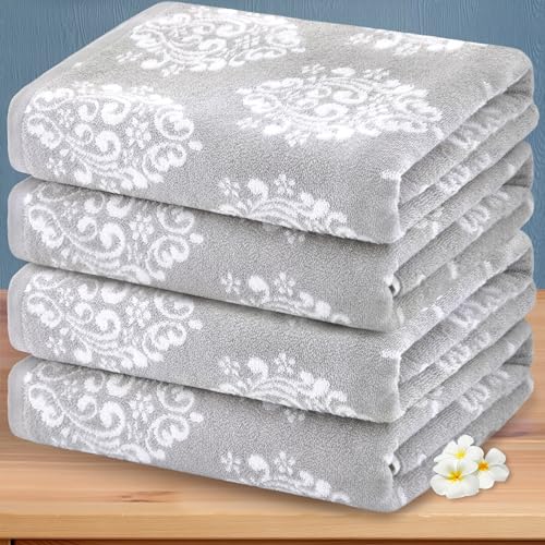 Grey Pattern Bath Towels, 4PC 28"x 52" - 100% Cotton | Lightweight | Absorbent, Quick Dry Bath Towel, Grey Decorative Bath Towels for Bathroom, Damask Jacquard Shower Towel Gift Set, Gray and White - color: Silver and White, size: 4 PC Bath Towel Set