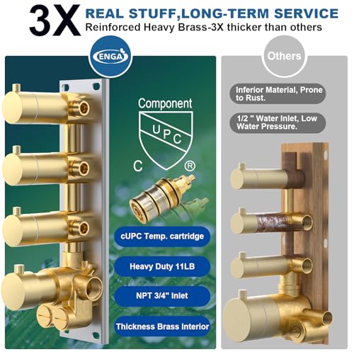 Enga Thermostatic Dual Head Shower System - 16"+6" Ceiling & Wall Mount Rainfall Showerheads, All Functions Simultaneous & Adjustable Volume, Brushed Gold - color: Brushed Gold, style: ‎16"+6" Head