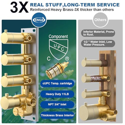 Enga Thermostatic Dual Head Shower System - 16"+6" Ceiling & Wall Mount Rainfall Showerheads, All Functions Simultaneous & Adjustable Volume, Brushed Gold - color: Brushed Gold, style: ‎16"+6" Head