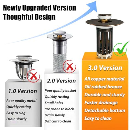 Anlige 3 in 1 Pop Up Bathroom Sink Stopper, Bathroom Sink Drain Strainer, with Removable Basket Hair Catcher, Universal Sink Plug Cover for 1.06 in to 1.6 in Drain, Oil Rubbed Bronze - color: Oil Rubbed Bronze
