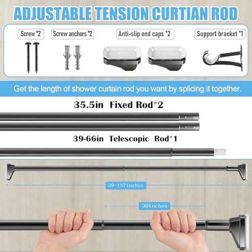 Black Shower Curtain Rod 39 to 137 Inch,Heavy-Duty inner Lock Stainless Steel Telescopic Rod,1.2-Inch Diameter Bathroom Anti-Rust And anti-Slip Tension Rod Without Drilling,Convenient to Use - color: Black, size: 39-137 Inches