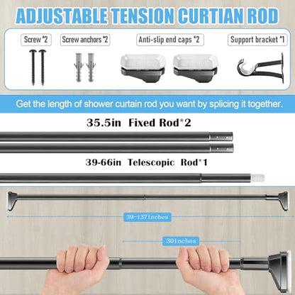 Black Shower Curtain Rod 39 to 137 Inch,Heavy-Duty inner Lock Stainless Steel Telescopic Rod,1.2-Inch Diameter Bathroom Anti-Rust And anti-Slip Tension Rod Without Drilling,Convenient to Use - color: Black, size: 39-137 Inches