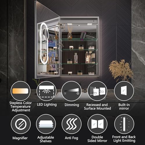 Luxury LED Lighted Medicine Cabinet with Mirror Dimmable, Defogging, 24 inch Commercial Medicine Cabinet, Outlets for Apartments, Hotel, Left Hinge - size: 24"W x 36"H Left