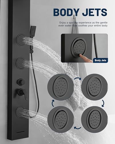 Shower Panel Tower System Rainfall Waterfall Shower Head 3 Massage Body Jet | Handheld Shower Head and Tub Spout Wall Mounted Multi-Function Bathroom Shower Panel Matte Black by Homevacious - color: Black