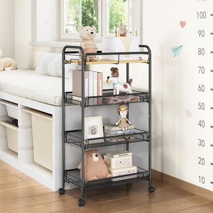 TOOLF 4-Tier Rolling Cart, Metal Utility Cart, Slide Out Storage Cart with Wooden Tabletop and Mesh Baskets, Easy Assemble Trolley for Kitchen Bathroom Laundry Room Bedroom Apartments Dormitory - size: Wide, style: Black