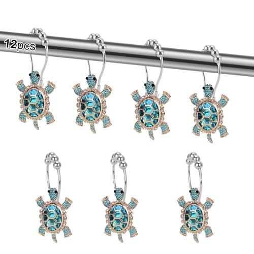 Sapphire Sea Turtle Decorative Shower Curtain Hooks Set,12 PCS,Roller Ball, Stainless Steel,Cute Ocean Animal Decor, Beach Shower Rings,Rustproof,Bathroom, Blue & Golden & Rhinestone