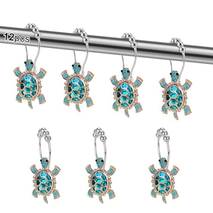 Sapphire Sea Turtle Decorative Shower Curtain Hooks Set,12 PCS,Roller Ball, Stainless Steel,Cute Ocean Animal Decor, Beach Shower Rings,Rustproof,Bathroom, Blue & Golden & Rhinestone
