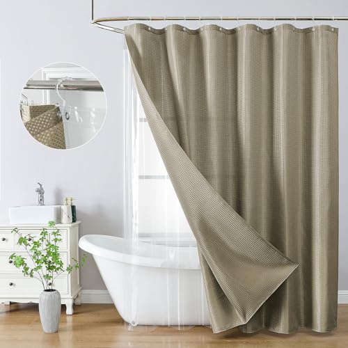QiyI 3 in 1 Waffle Shower Curtain Set with Liner, Beige, 72 x 72 | Shower Curtain and Liner Set with Hooks, Waterproof Bathroom Curtain with PEVA Liner & 12 Double Sided Clear Plastic Rings - color: Beige, size: 72"W x 72"L (Pack of 1)