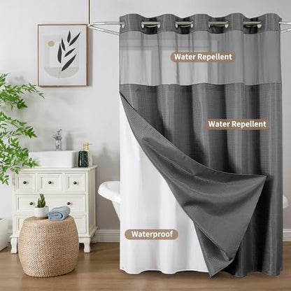 Colorful Star No Hook Shower Curtain with Snap in Fabric Liner, Waffle Heavy Duty Thick Shower Curtains with Mesh Top Window, Hotel Style Waterproof Bathroom Curtain Set, 72'' x 81'', Charcoal Grey - color: Charcoal Grey, size: 72"W x 81"L (Pack of 1)