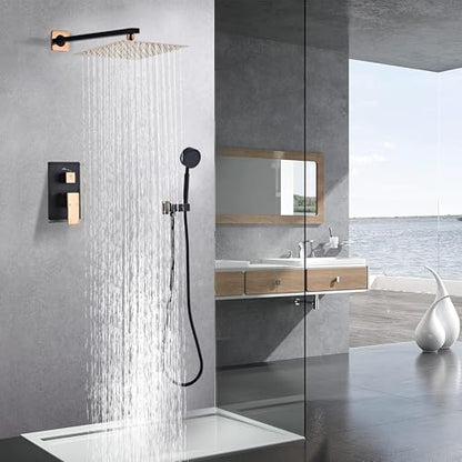 Black Gold Rainfall Shower Head, Wall Mounted 8 Inch Shower Heads with Handheld Spray Combo, Luxury Bathroom Square Rain Shower System, Solid Brass Pressure Balancd Shower Faucet Valve - color: Black Gold, style: 8 Inch