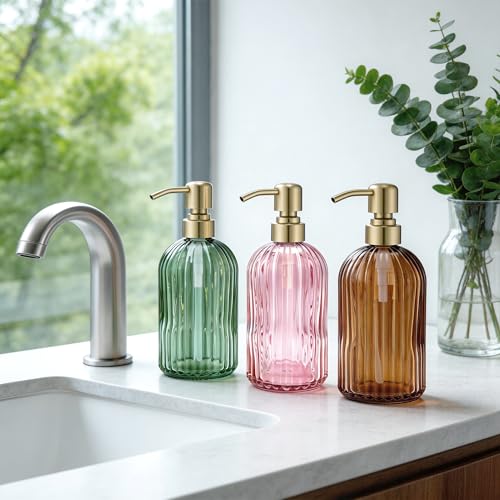 16 OZ Pink Glass Soap Dispenser,Clear Pink Stripe Bathroom Hand Soap Dispensers with Stainless Steel Gold Pump, Pink Kitchen Hand Soap Dispenser with Brushed Gold Pump - color: Pink+brushed Gold, size: 1-Pack
