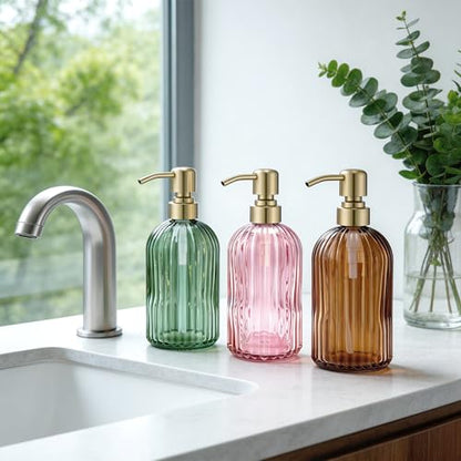 16 OZ Pink Glass Soap Dispenser,Clear Pink Stripe Bathroom Hand Soap Dispensers with Stainless Steel Gold Pump, Pink Kitchen Hand Soap Dispenser with Brushed Gold Pump - color: Pink+brushed Gold, size: 1-Pack
