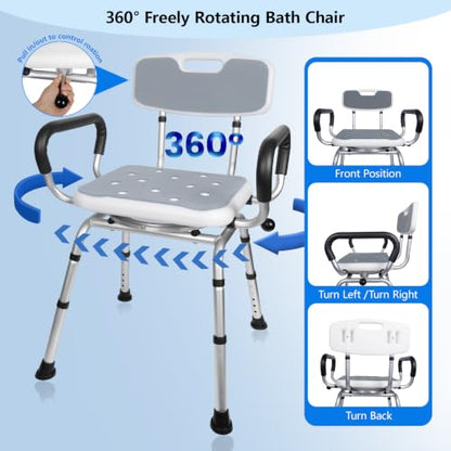Swivel Shower Chair with Handle 500lbs Adjustable Arms & Back 360° Rotating | 360° Swivel, 5-Level Height Adjust, Non-Slip Feet, Tool-Free Assembly With Extra Suction Bath Grab Bar - size: Gray Set